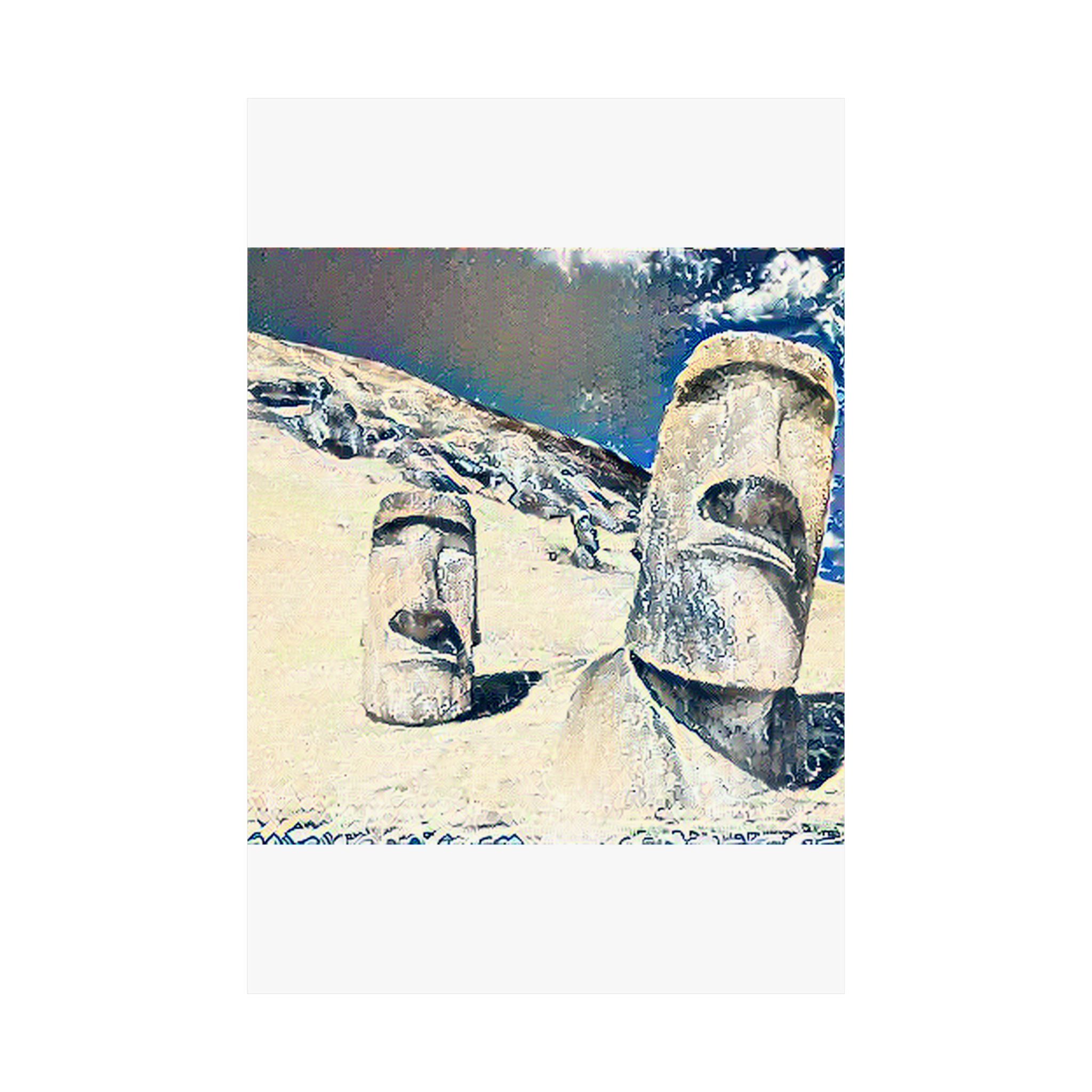 Moai in Great Wave Style - Poster Print